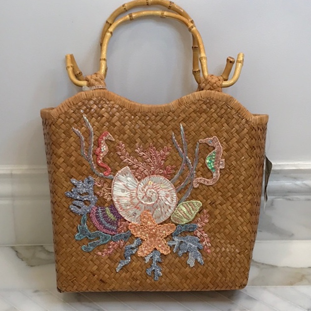 Cappelli Straw handbag nwt, summer beach bag, seashells, bamboo handles - Picture 12 of 13